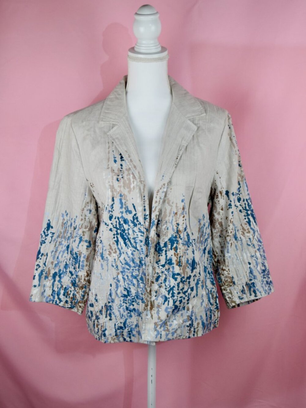 Coldwater Creek Tan & Blue Abstract Watercolor Linen Jacket | Size M